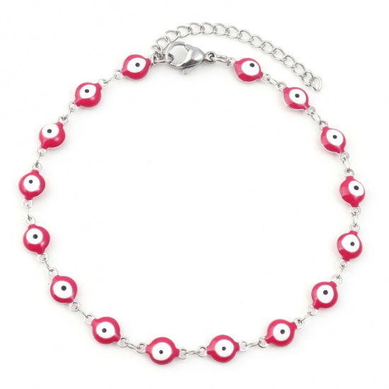 Picture of 304 Stainless Steel Religious Anklet Silver Tone Fuchsia Enamel Evil Eye 22.5cm(8 7/8") long, 1 Piece