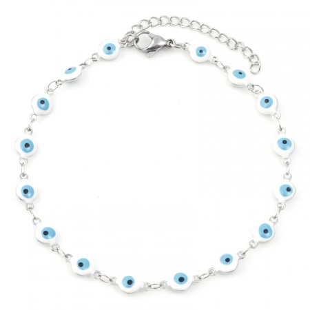 Bild von Großhandel Rund Böser Blick Evil Eye Weiß Emaille 304 Edelstahl Fußketten, Silberfarbe Frauen Religiös Minimalistisch Geschenk Schmuckbedarf, 22.5cm lang, 1 Strang