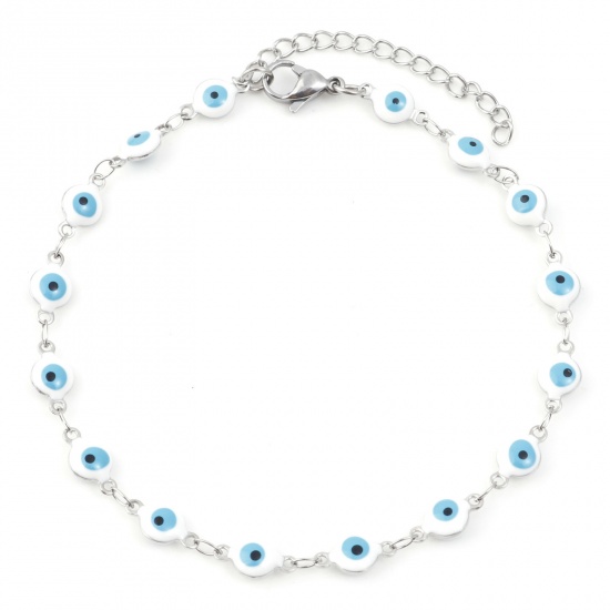 Picture of 304 Stainless Steel Religious Anklet Silver Tone White Enamel Evil Eye 22.5cm(8 7/8") long, 1 Piece