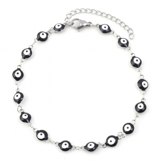 Picture of 304 Stainless Steel Religious Anklet Silver Tone Black Enamel Evil Eye 22.5cm(8 7/8") long, 1 Piece