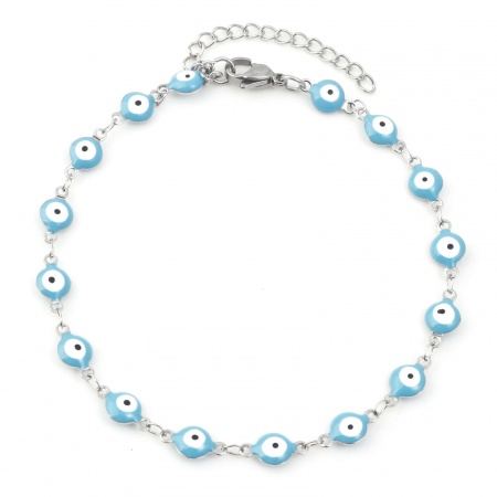 Picture of Wholesale Round Evil Eye Blue Enamel 304 Stainless Steel Anklet, Silver Tone Women's Religious Minimalist Gift Jewelry Supply, 22.5cm(8 7/8") long, 1 Piece