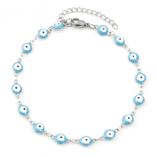 Picture of 304 Stainless Steel Religious Anklet Silver Tone Blue Enamel Evil Eye 22.5cm(8 7/8") long, 1 Piece