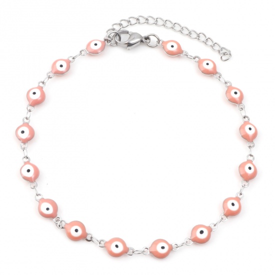 Picture of 304 Stainless Steel Religious Anklet Silver Tone Orange Pink Enamel Evil Eye 22.5cm(8 7/8") long, 1 Piece