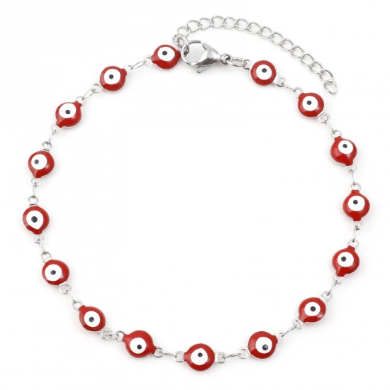 Picture of 304 Stainless Steel Religious Anklet Silver Tone Red Enamel Evil Eye 22.5cm(8 7/8") long, 1 Piece