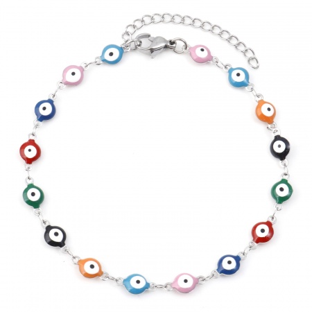 Picture of Wholesale Round Evil Eye Multicolor Enamel 304 Stainless Steel Anklet, Silver Tone Women's Religious Minimalist Gift Jewelry Supply, 22.5cm(8 7/8") long, 1 Piece