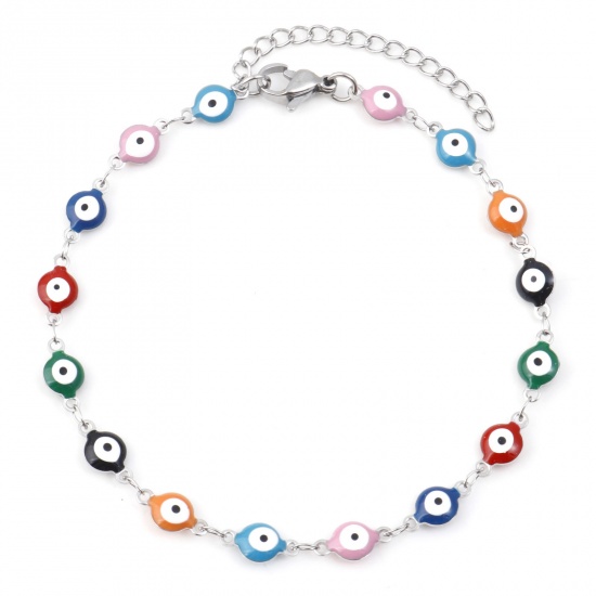 Picture of 304 Stainless Steel Religious Anklet Silver Tone Multicolor Enamel Evil Eye 22.5cm(8 7/8") long, 1 Piece