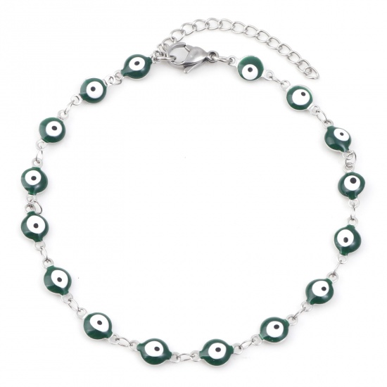 Picture of 304 Stainless Steel Religious Anklet Silver Tone Dark Green Enamel Evil Eye 22.5cm(8 7/8") long, 1 Piece