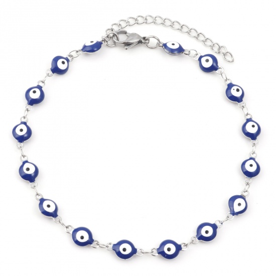 Picture of 304 Stainless Steel Religious Anklet Silver Tone Dark Blue Enamel Evil Eye 22.5cm(8 7/8") long, 1 Piece