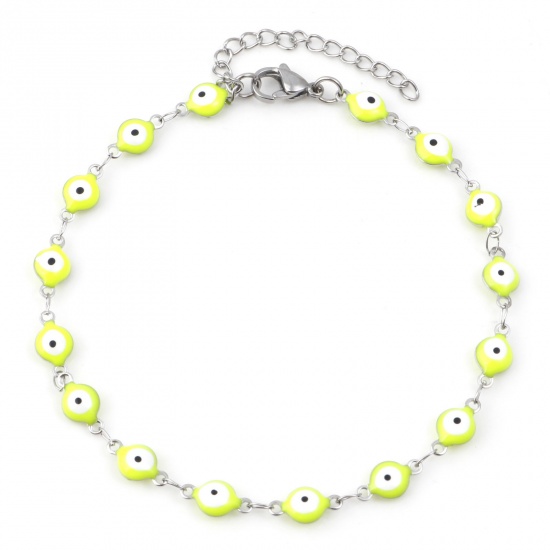 Picture of 304 Stainless Steel Religious Anklet Silver Tone Neon Yellow Enamel Evil Eye 22.5cm(8 7/8") long, 1 Piece