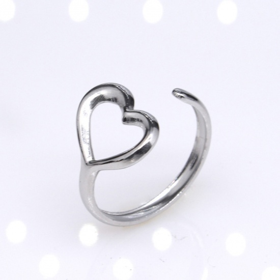 Immagine di Acciaio Inossidabile Punk Aperto Regolabile Anello Tono Argento Cuore Filigrana 17.3mm (taglia di US: 7), 2 Pz