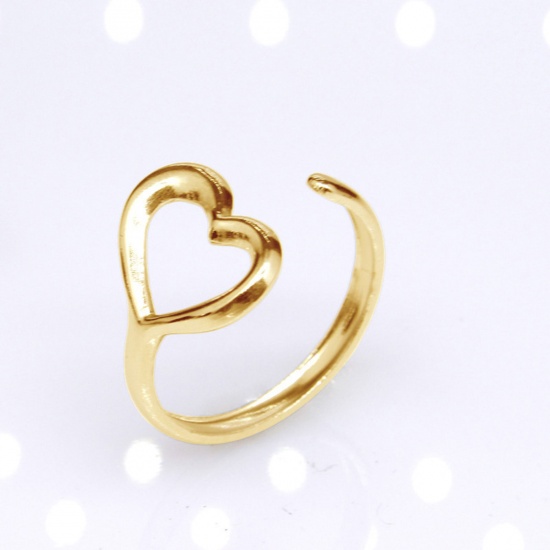 Immagine di Acciaio Inossidabile Punk Aperto Regolabile Anello Oro Placcato Cuore Filigrana 17.3mm (taglia di US: 7), 2 Pz