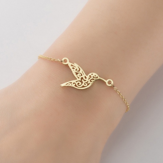 Picture of Stainless Steel Bracelets Gold Plated Bird Animal Filigree 13.5cm(5 3/8") long, 1 Piece