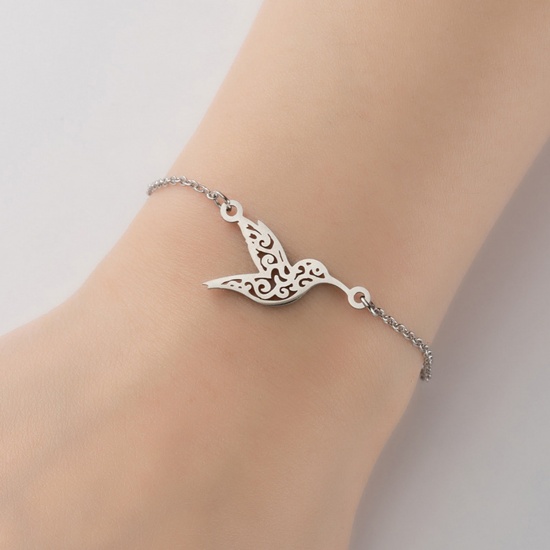 Picture of Stainless Steel Bracelets Silver Tone Bird Animal Filigree 13.5cm(5 3/8") long, 1 Piece