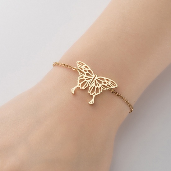 Picture of Stainless Steel Insect Bracelets Gold Plated Butterfly Animal Filigree 13.5cm(5 3/8") long, 1 Piece