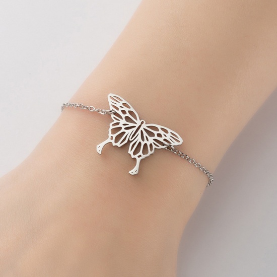 Picture of Stainless Steel Insect Bracelets Silver Tone Butterfly Animal Filigree 13.5cm(5 3/8") long, 1 Piece