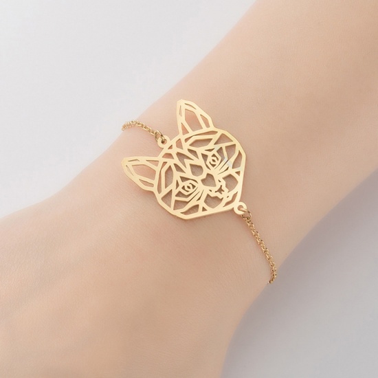 Picture of Stainless Steel Pet Silhouette Bracelets Gold Plated Cat Animal Filigree Hollow 13.5cm(5 3/8") long, 1 Piece