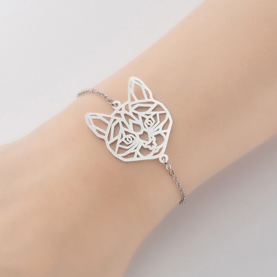 Picture of Stainless Steel Pet Silhouette Bracelets Silver Tone Cat Animal Filigree Hollow 13.5cm(5 3/8") long, 1 Piece