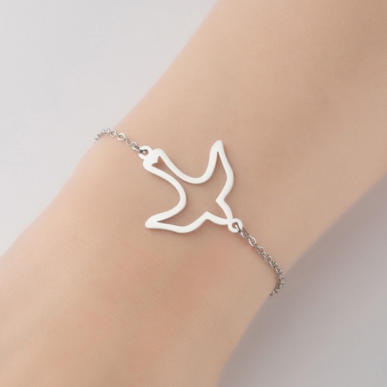 Picture of Stainless Steel Pet Silhouette Bracelets Silver Tone Bird Animal Hollow 13.5cm(5 3/8") long, 1 Piece