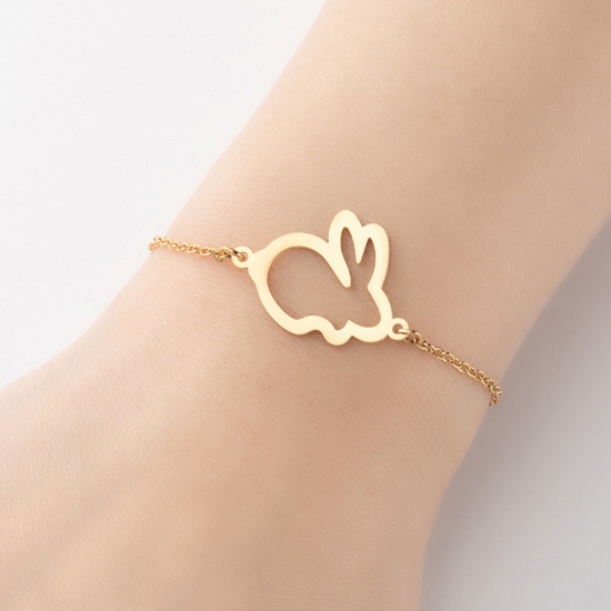 Picture of Stainless Steel Pet Silhouette Bracelets Gold Plated Rabbit Animal Hollow 13.5cm(5 3/8") long, 1 Piece