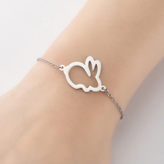 Picture of Stainless Steel Pet Silhouette Bracelets Silver Tone Rabbit Animal Hollow 13.5cm(5 3/8") long, 1 Piece