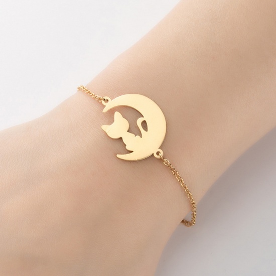 Picture of Stainless Steel Pet Silhouette Bracelets Gold Plated Half Moon Cat 13.5cm(5 3/8") long, 1 Piece