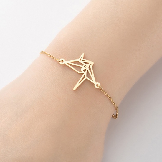 Picture of Stainless Steel Origami Bracelets Gold Plated Origami Crane Hollow 13.5cm(5 3/8") long, 1 Piece