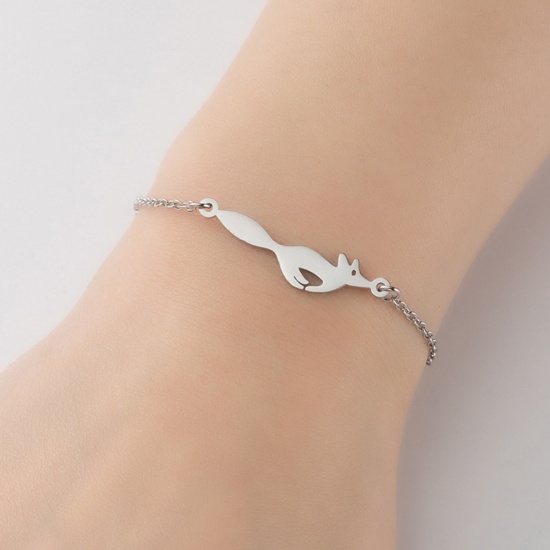 Picture of Stainless Steel Pet Silhouette Bracelets Silver Tone Fox Animal 13.5cm(5 3/8") long, 1 Piece