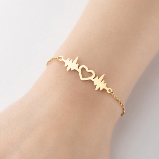 Picture of Stainless Steel Valentine's Day Bracelets Gold Plated Heartbeat/ Electrocardiogram 13.5cm(5 3/8") long, 1 Piece