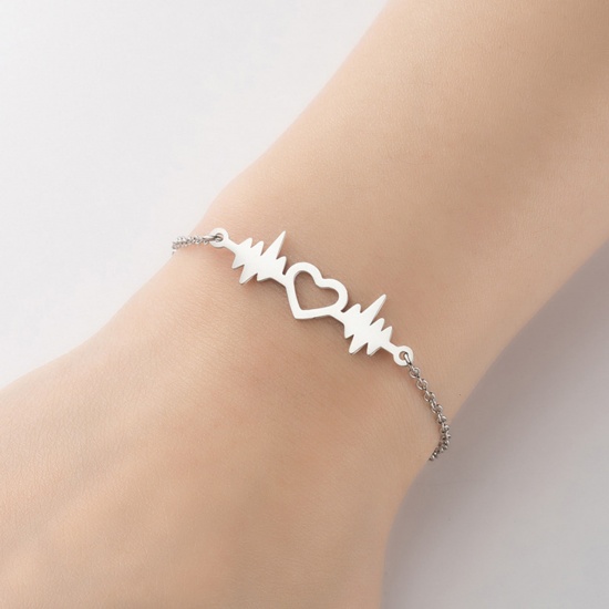 Picture of Stainless Steel Valentine's Day Bracelets Silver Tone Heartbeat/ Electrocardiogram 13.5cm(5 3/8") long, 1 Piece