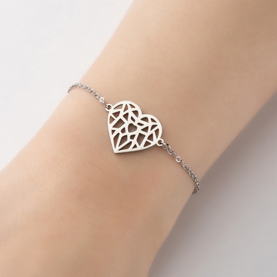 Picture of Stainless Steel Valentine's Day Bracelets Silver Tone Heart Hollow 13.5cm(5 3/8") long, 1 Piece