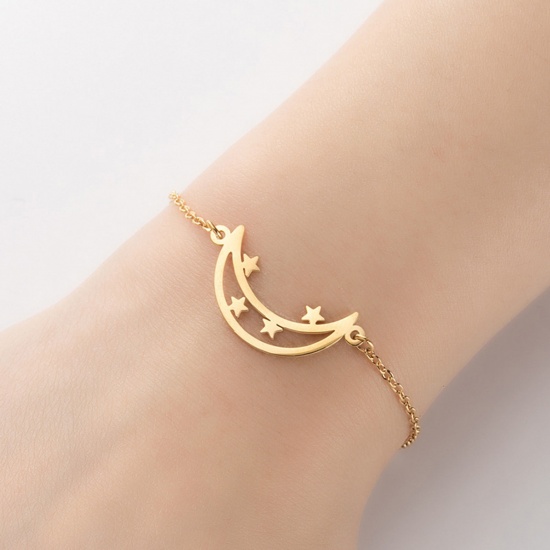 Picture of Stainless Steel Galaxy Bracelets Gold Plated Half Moon Star Hollow 13.5cm(5 3/8") long, 1 Piece