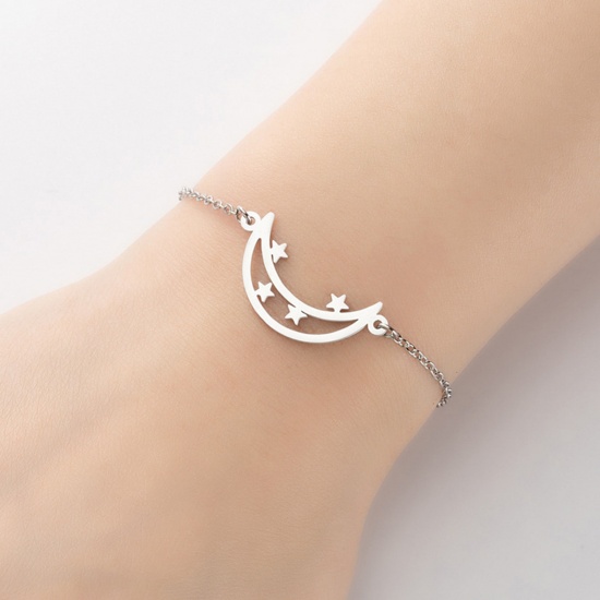 Picture of Stainless Steel Galaxy Bracelets Silver Tone Half Moon Star Hollow 13.5cm(5 3/8") long, 1 Piece