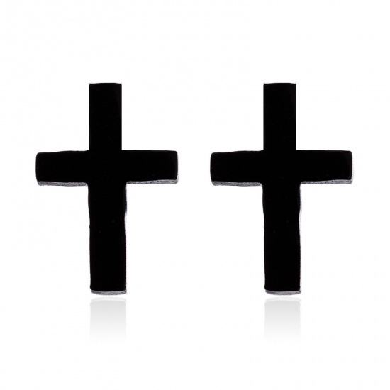 Picture of Stainless Steel Stylish Ear Post Stud Earrings Black Cross 8mm x 5mm, Post/ Wire Size: (18 gauge), 3 Pairs