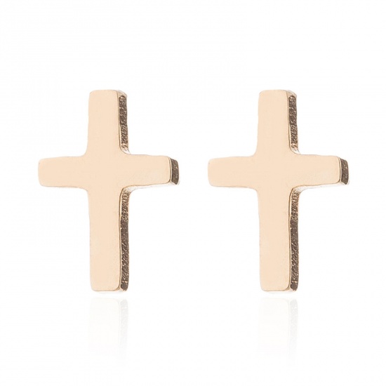 Picture of Stainless Steel Stylish Ear Post Stud Earrings Gold Plated Cross 8mm x 5mm, Post/ Wire Size: (18 gauge), 3 Pairs