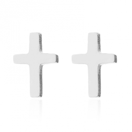 Picture of Stainless Steel Stylish Ear Post Stud Earrings Silver Tone Cross 8mm x 5mm, Post/ Wire Size: (18 gauge), 3 Pairs