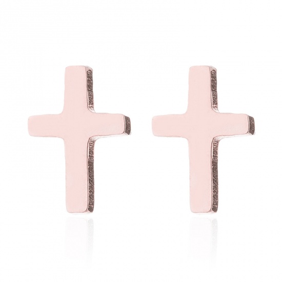 Picture of Stainless Steel Stylish Ear Post Stud Earrings Rose Gold Cross 8mm x 5mm, Post/ Wire Size: (18 gauge), 3 Pairs