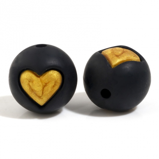 Immagine di Silicone San Valentino Separatori Perline Tondo Nero & Oro Cuore Disegno Circa 15mm Dia, Foro: Circa 2.2mm, 5 Pz