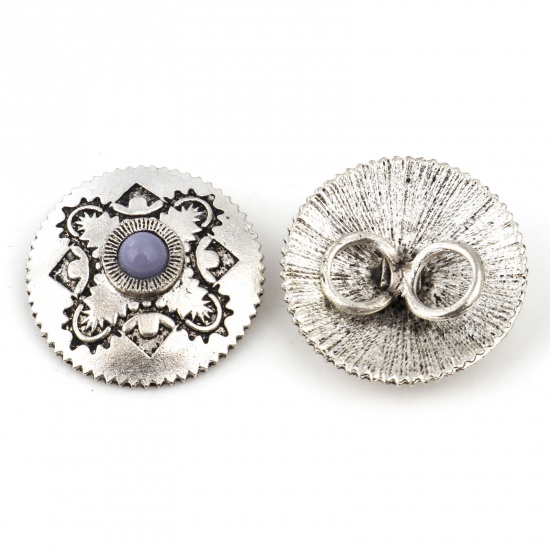 Picture of Zinc Based Alloy & Resin Boho Chic Bohemia Metal Sewing Shank Buttons Two Holes Round Antique Silver Color Purple 29mm Dia., 3 PCs