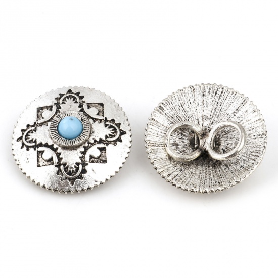 Picture of Zinc Based Alloy & Resin Boho Chic Bohemia Metal Sewing Shank Buttons Two Holes Round Antique Silver Color Skyblue 29mm Dia., 3 PCs