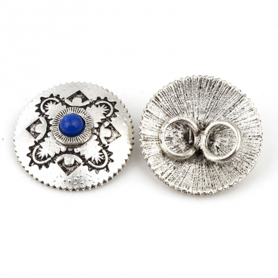 Picture of Zinc Based Alloy & Resin Boho Chic Bohemia Metal Sewing Shank Buttons Two Holes Round Antique Silver Color Royal Blue 29mm Dia., 3 PCs