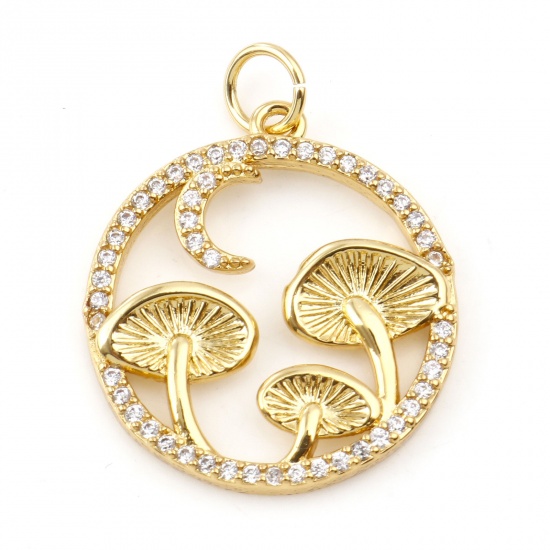Picture of Brass Micro Pave Charms Gold Plated Round Mushroom Hollow Clear Cubic Zirconia 25mm x 19mm, 1 Piece                                                                                                                                                           