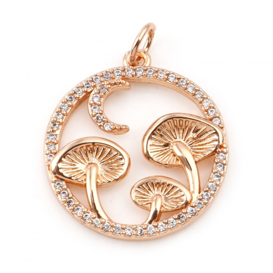 Picture of Brass Micro Pave Charms Rose Gold Round Mushroom Hollow Clear Cubic Zirconia 25mm x 19mm, 1 Piece                                                                                                                                                             