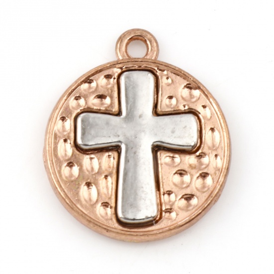 Picture of Zinc Based Alloy Religious Charms Silver Tone & Rose Gold Two Tone Round Cross 23mm x 20mm, 5 PCs