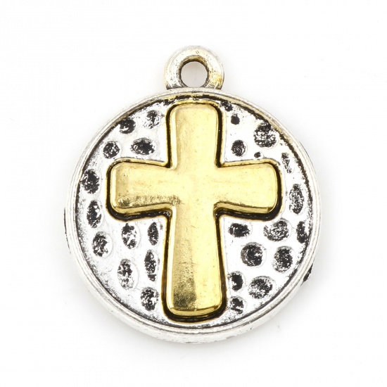 Immagine di Lega di Zinco Religione Charms Tondo Oro Antico & Argento Antico Doppio Colore Croce 23mm x 20mm , 5 Pz