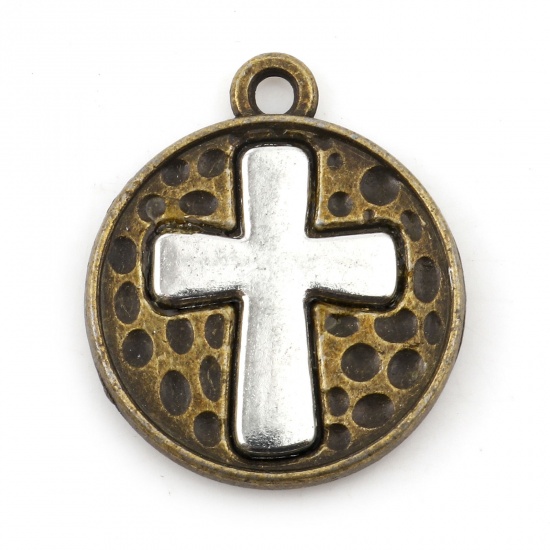 Picture of Zinc Based Alloy Religious Charms Antique Bronze Silver Tone Two Tone Round Cross 23mm x 20mm, 5 PCs