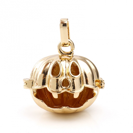 Picture of Copper Pendants Mexican Angel Caller Bola Harmony Ball Wish Box Locket Halloween Pumpkin KC Gold Plated Can Open (Fits 18mm Beads) 3.5cm x 3cm, 1 Piece