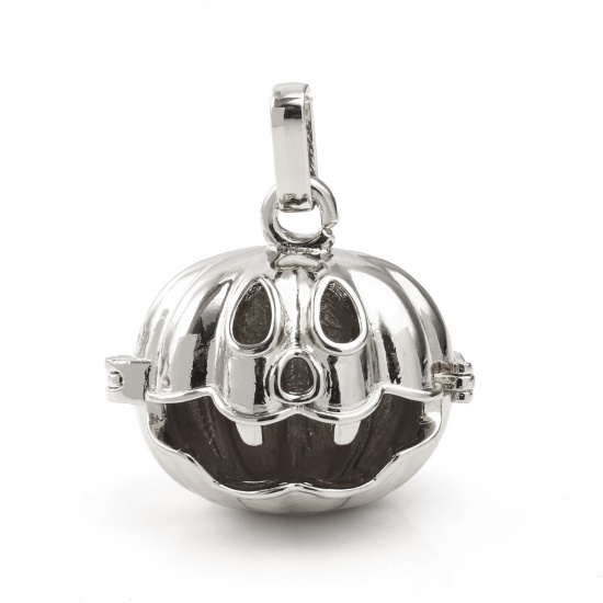 Picture of Copper Pendants Mexican Angel Caller Bola Harmony Ball Wish Box Locket Halloween Pumpkin Antique Silver Color Can Open (Fits 18mm Beads) 3.5cm x 3cm, 1 Piece