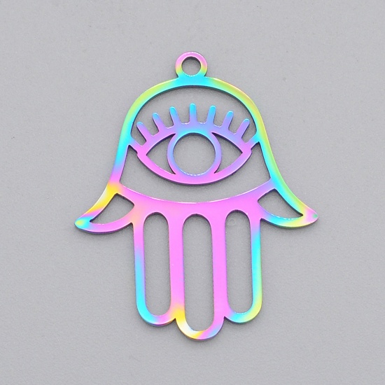 Picture of Stainless Steel Religious Charms Multicolor Hamsa Symbol Hand Eye Hollow 28mm x 22mm, 2 PCs