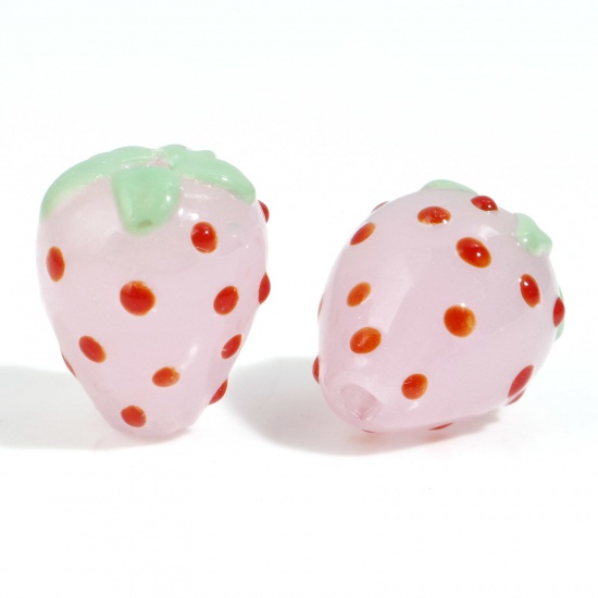 Picture of Lampwork Glass 3D Beads Strawberry Fruit Pink About 15x14mm - 15x12mm, Hole: Approx 1.6mm, 2 PCs