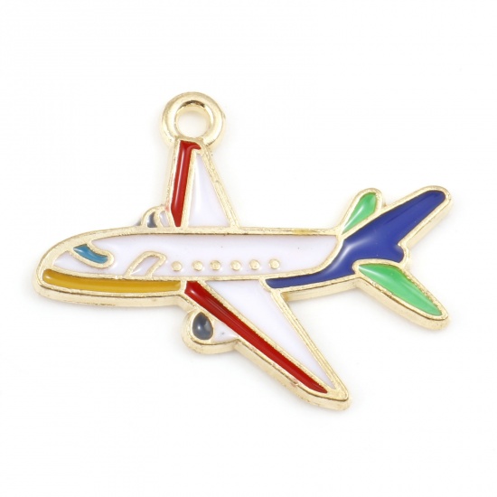 Picture of Zinc Based Alloy Transport Charms Gold Plated Multicolor Airplane Enamel 26mm x 21mm, 5 PCs
